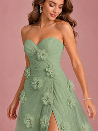 3D Floral Applique Strapless Tulle Prom Dress with High Slit