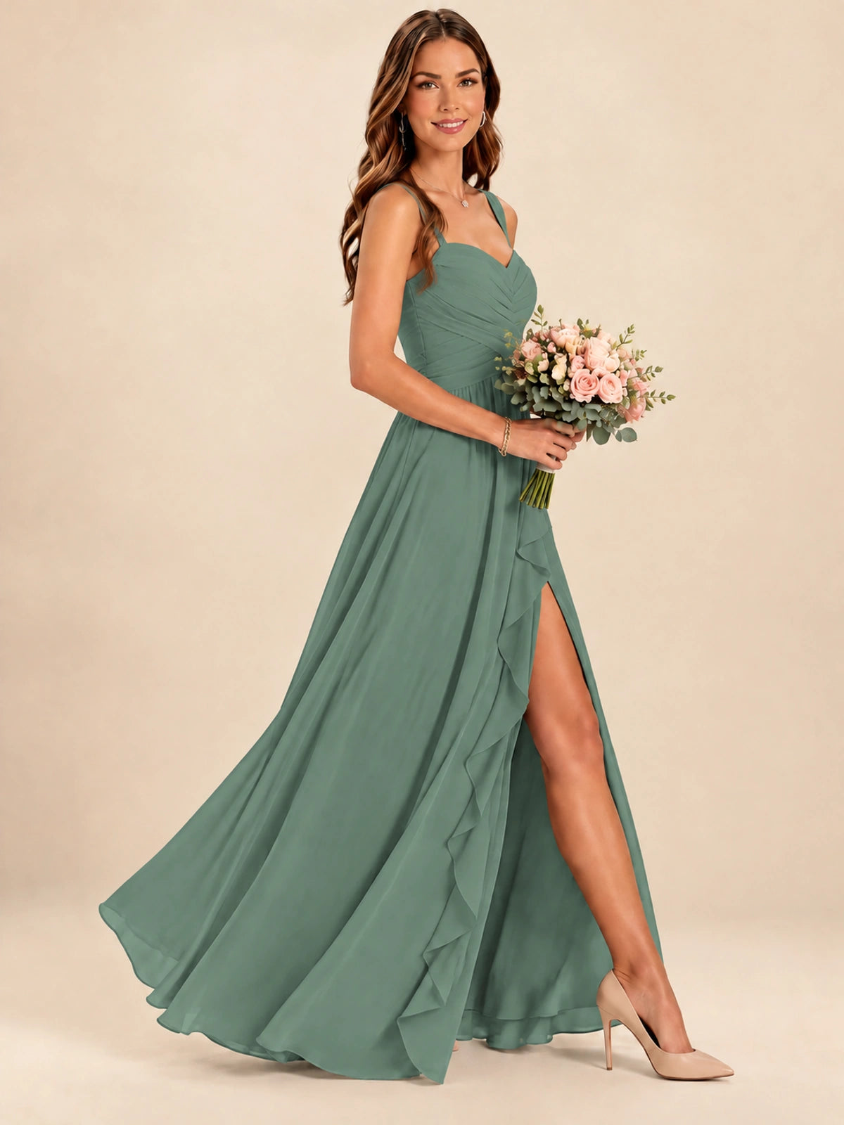 Spaghetti Straps Pleated Chiffon Bridesmaid Dress with Ruffle Slit