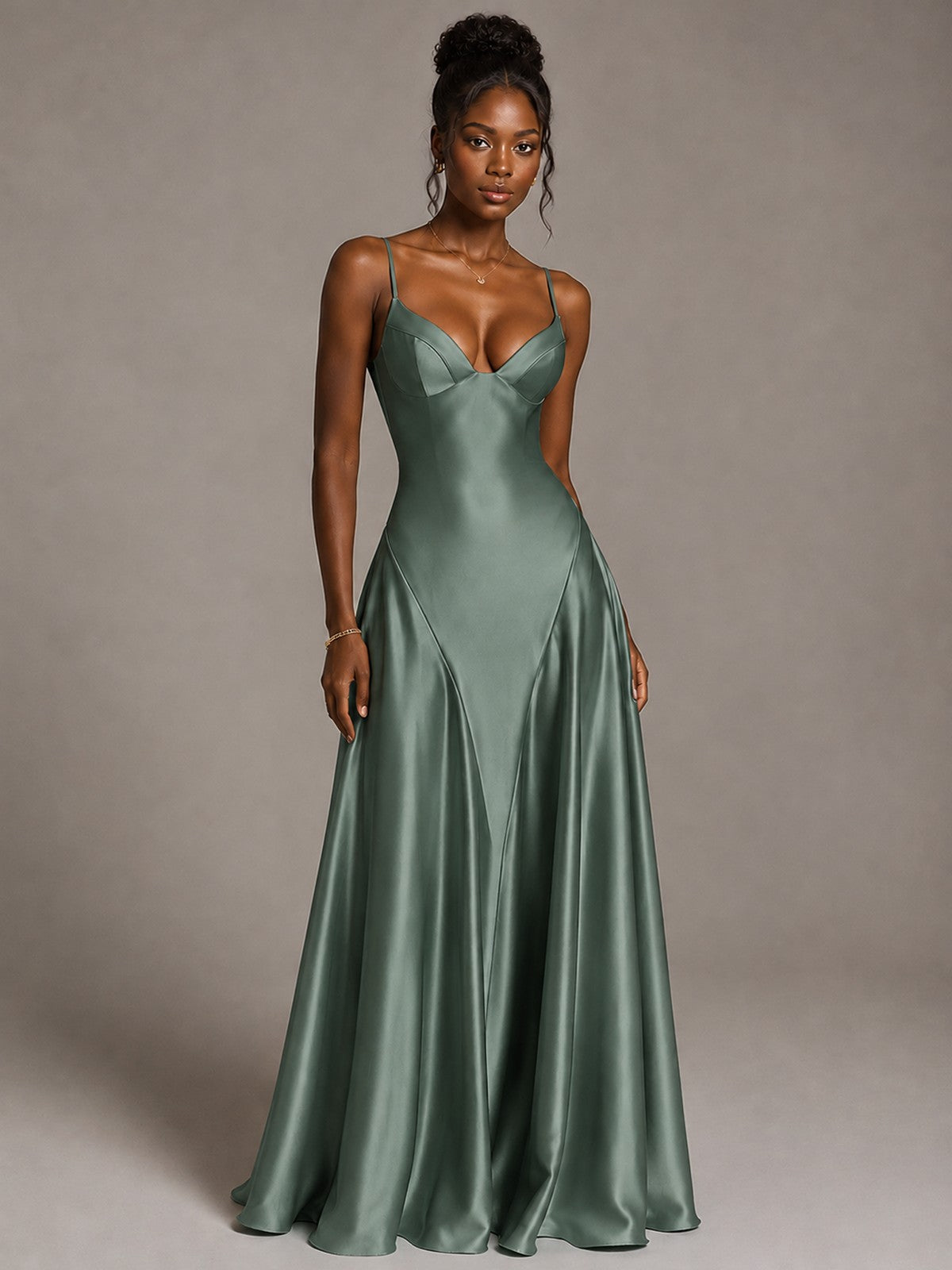 Lavender V Neck Satin Prom Dress with Spaghetti Straps