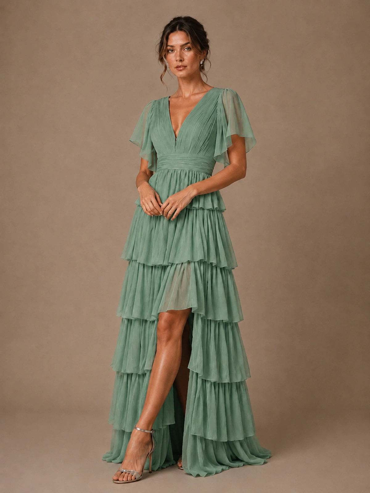 Chiffon V-Neck Tiered Ruffle Bridesmaid Dress with Slit