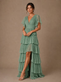 Chiffon V-Neck Tiered Ruffle Bridesmaid Dress with Slit