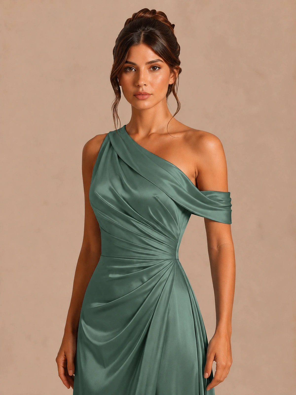 Satin One Shoulder Prom Dress Ruched Long Formal Evening Gown