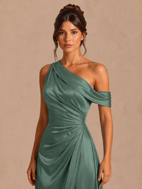 Satin One Shoulder Prom Dress Ruched Long Formal Evening Gown