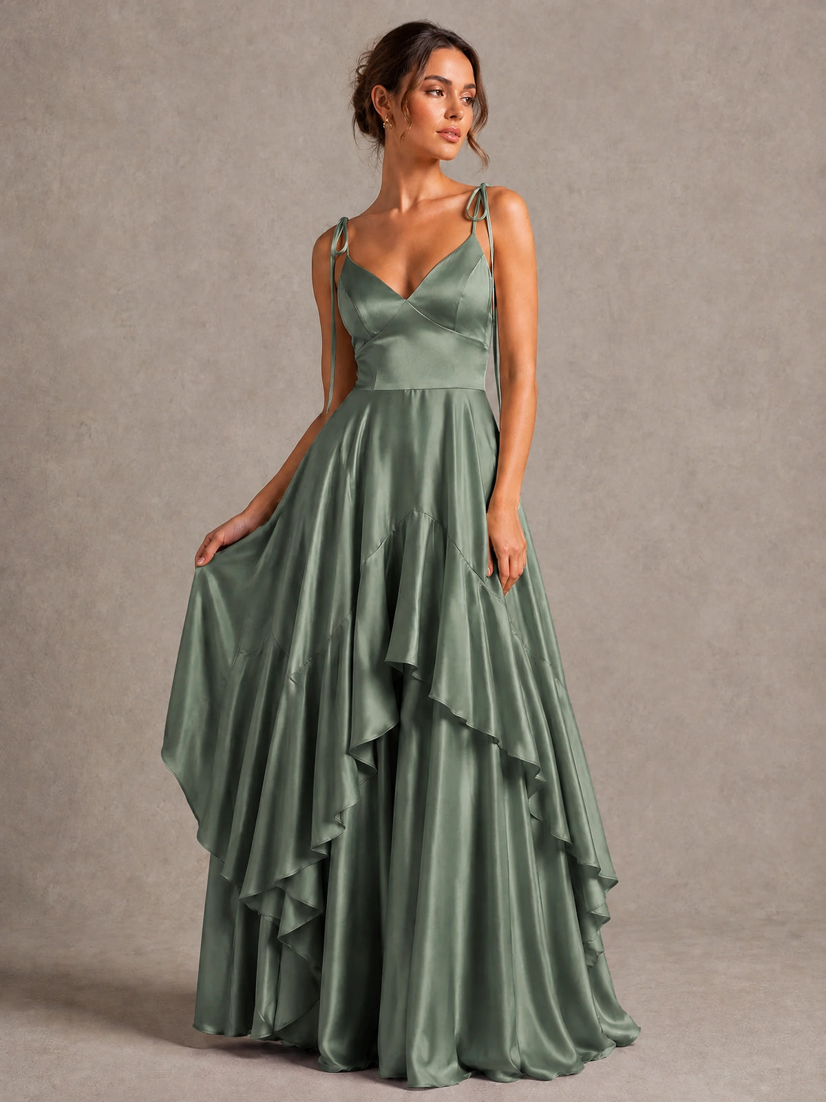 Lavender Satin V-Neck Ruffle Maxi Dress