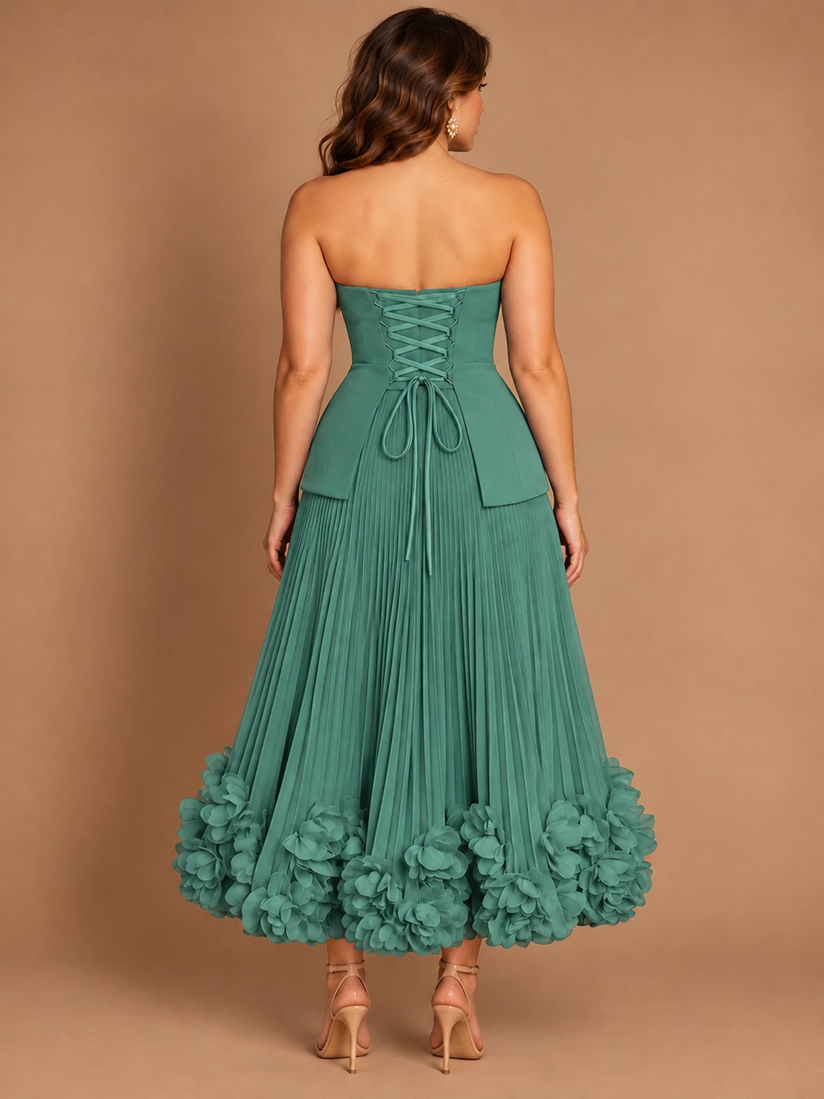 Navy Blue Strapless Pleated A-Line Midi Dress with 3D Floral Applique