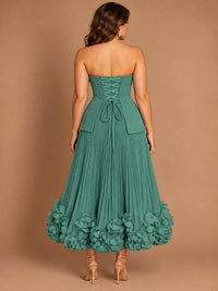 Navy Blue Strapless Pleated A-Line Midi Dress with 3D Floral Applique
