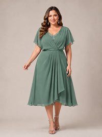 Navy Blue A-Line V-Neck Tea-Length Mother of the Bride Dress