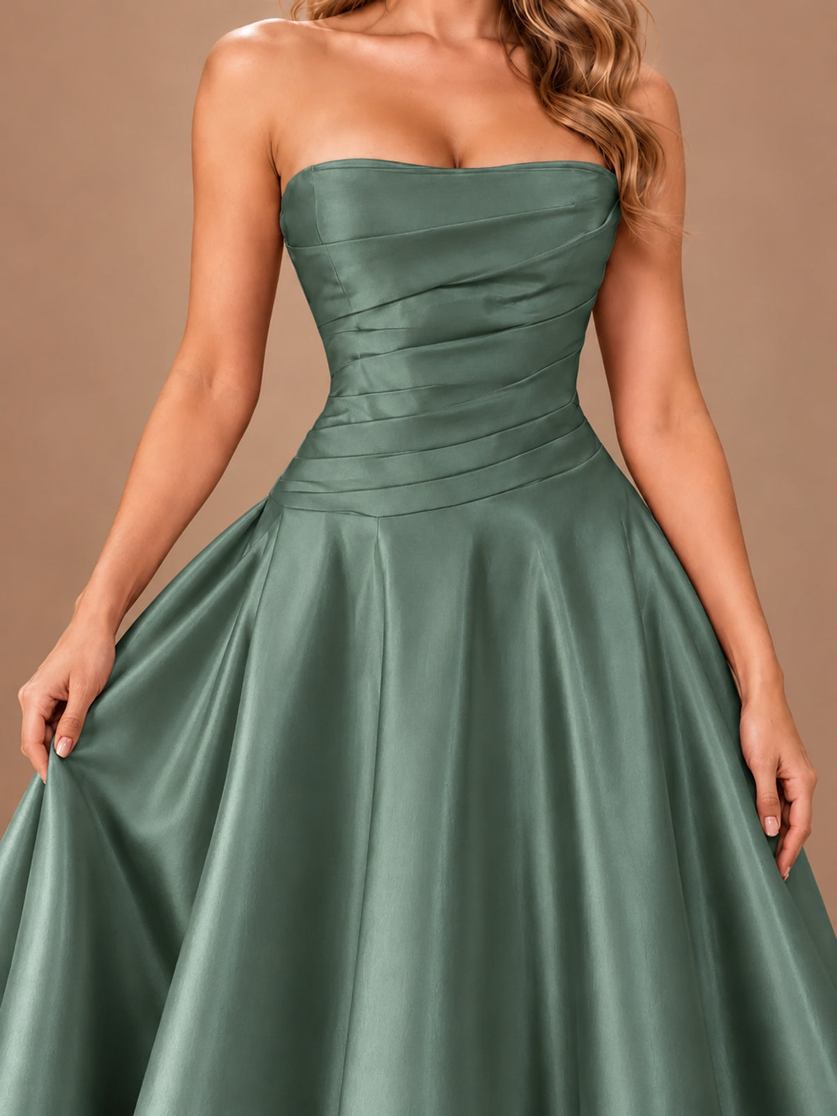 Blush Pink Strapless Satin A-Line Prom Dress with Ruched Bodice