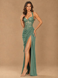 Sweetheart Halter Prom Dress Pleated Lace Floral Formal Dress with Slit