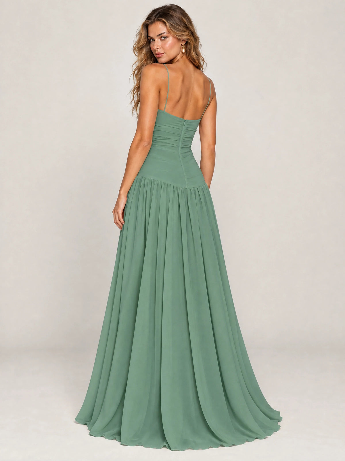 Butter Yellow Ruched Spaghetti Strap Drop-Waist Prom Dress
