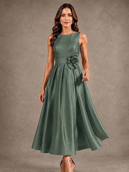 Tea-Length Satin Mother of the Bride Dress with 3D Flower Detail