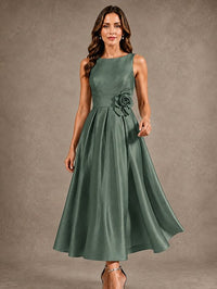Tea-Length Satin Mother of the Bride Dress with 3D Flower Detail