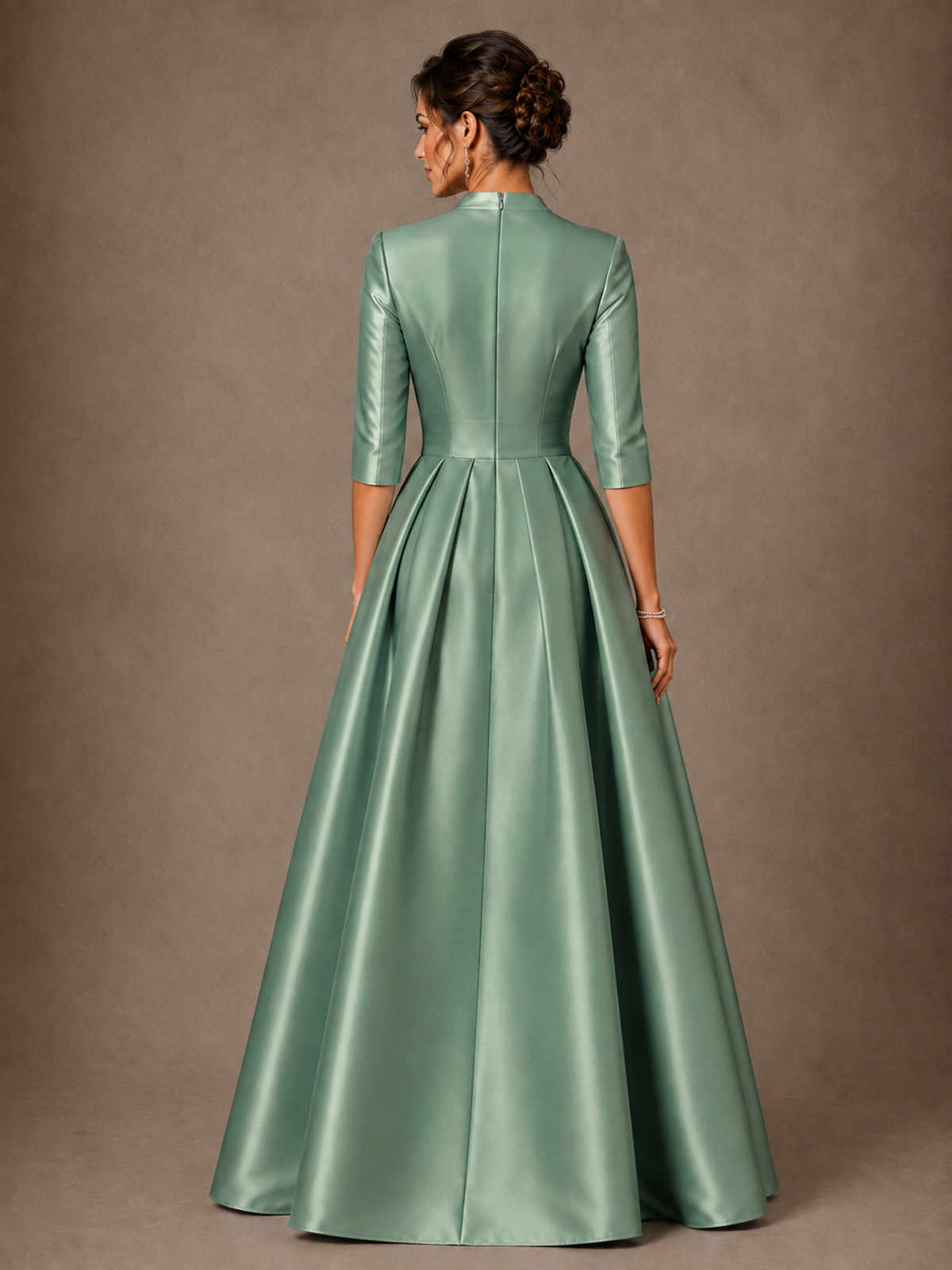 V-Neck Pleated Satin Mother of the Bride Gown with 3/4 Sleeves