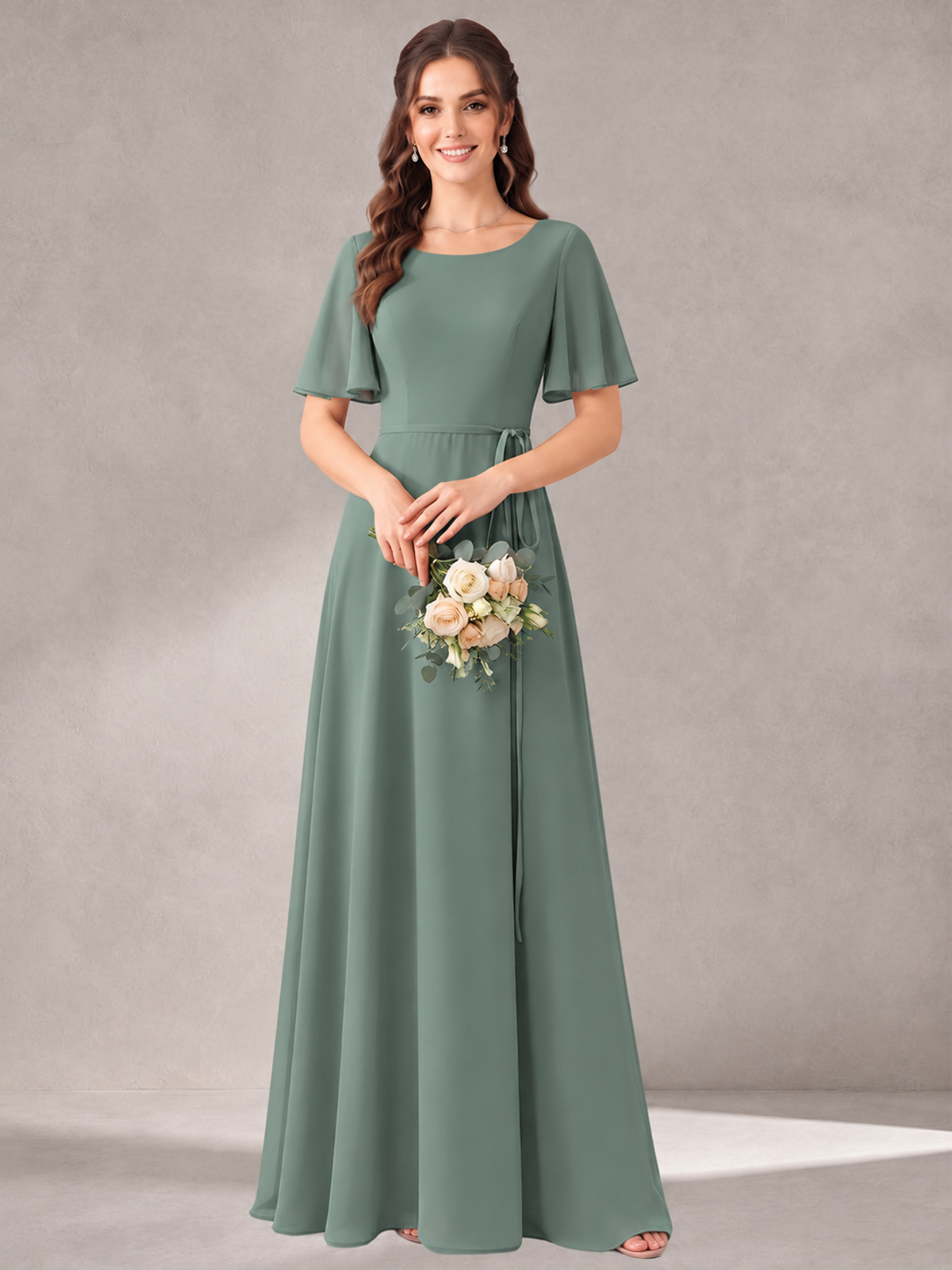 Scoop Neck A-line Chiffon Bridesmaid Dress with Flutter Sleeve & Belt