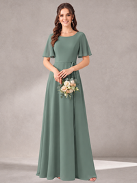 Scoop Neck A-line Chiffon Bridesmaid Dress with Flutter Sleeve & Belt