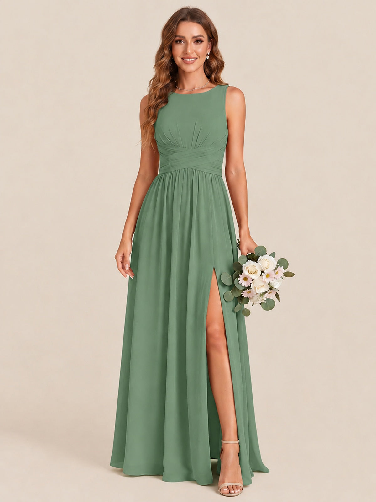A-line Sleeveless Rucehd Chiffon Bridesmaid Dress with High Slit