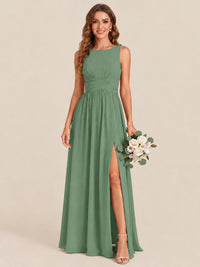 A-line Sleeveless Rucehd Chiffon Bridesmaid Dress with High Slit