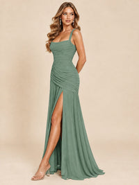 Wrap Pleated Prom Dress Scoop Neck with Slit Women Wedding Formal Dress