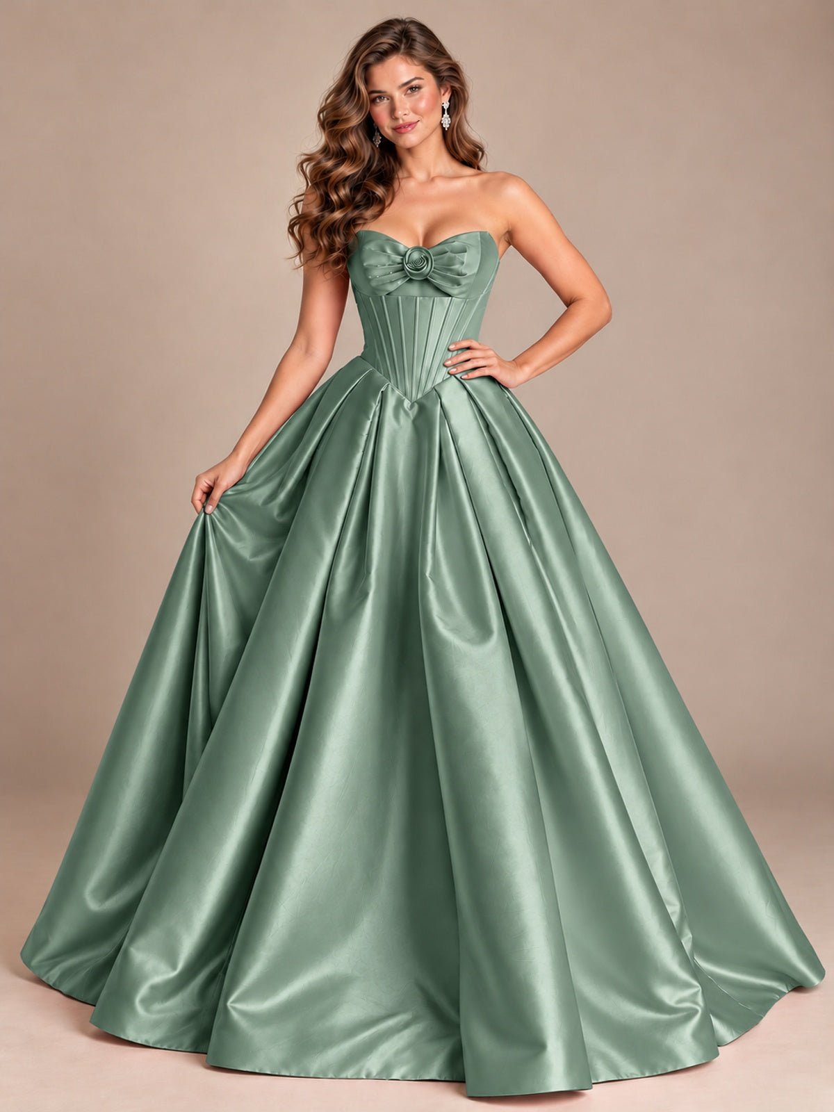 Pink Strapless Corset Satin Prom Derss & Ball Gown with 3D Floral