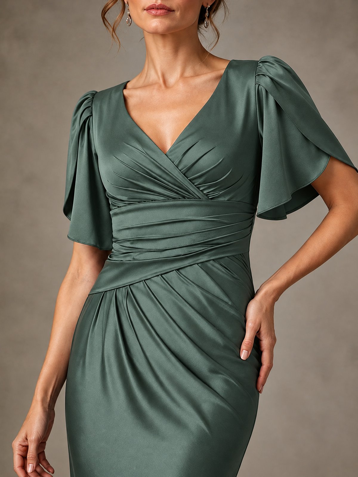V-Neck Satin Mother of the Bride Dress with Flutter Sleeves