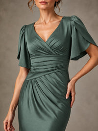 V-Neck Satin Mother of the Bride Dress with Flutter Sleeves