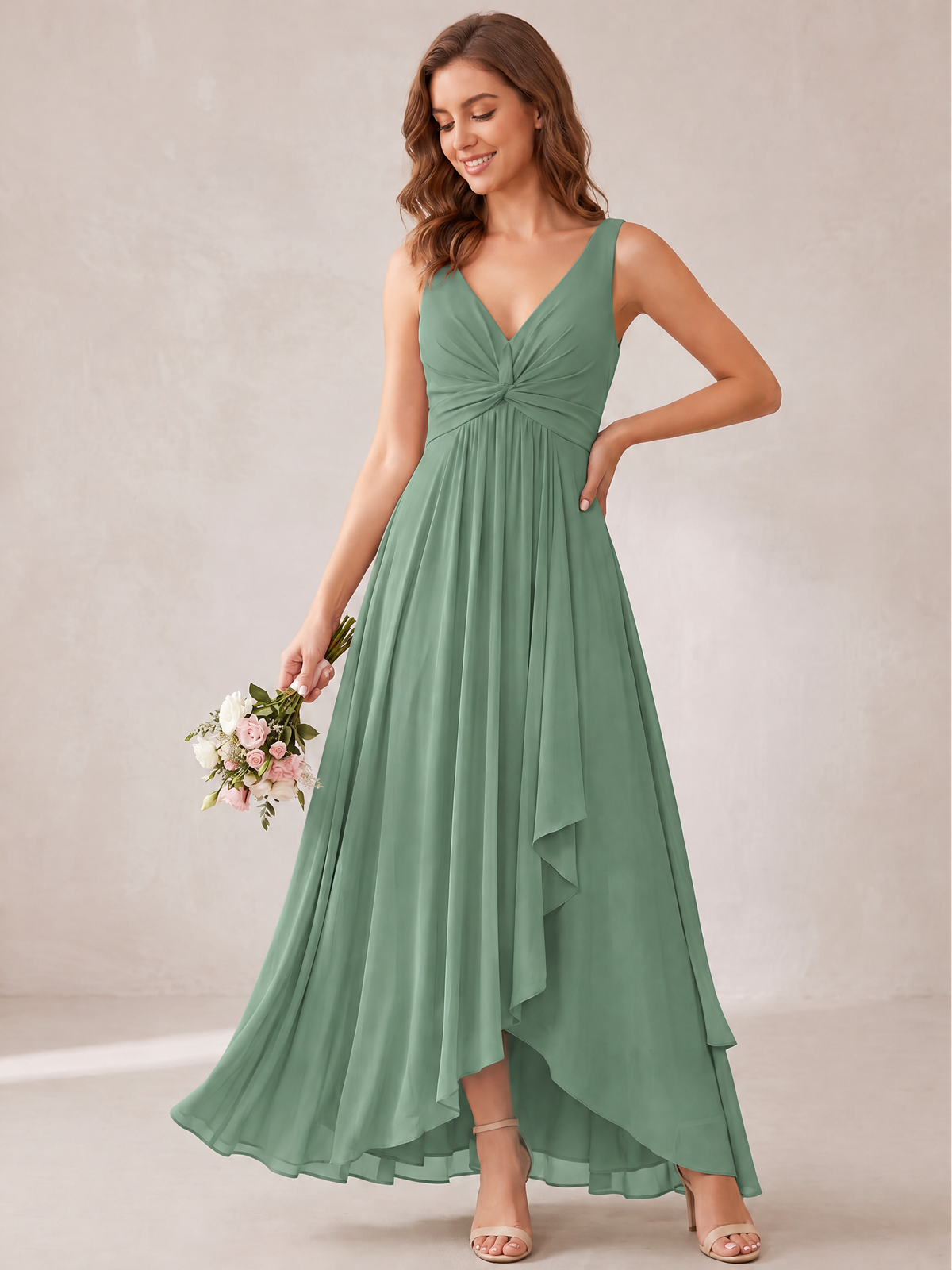 V-Neck High-Low Chiffon Bridesmaid Dress with Ruffles