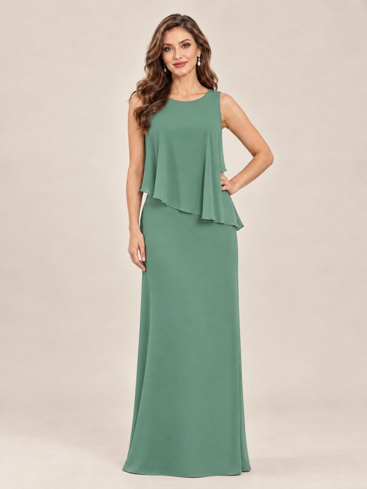 Cape Sleeve Mother of the Bride Dress with Asymmetrical Overlay