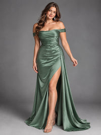 Off Shoulder Satin Maxi Dress with Slit