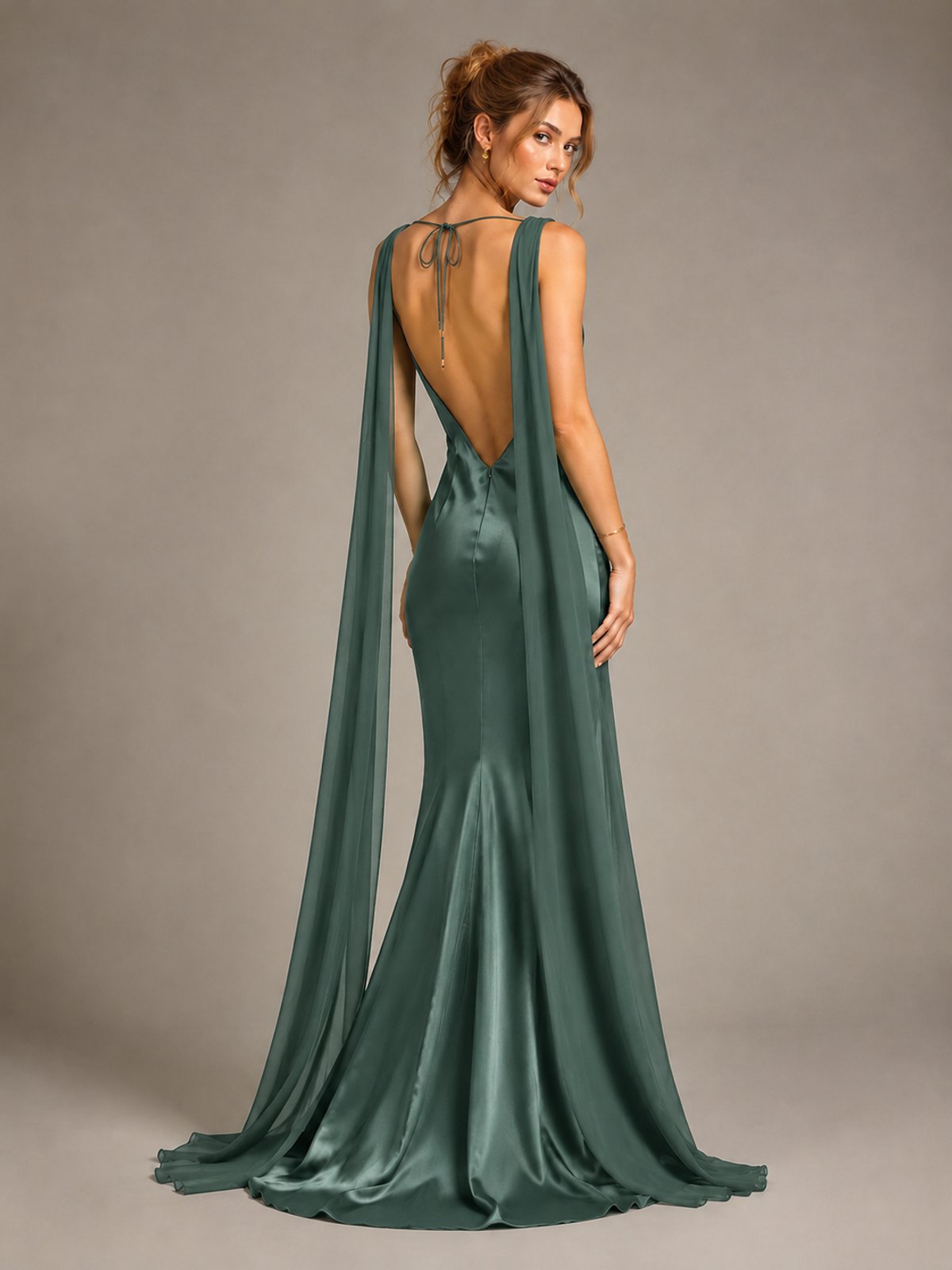 Burgundy Satin Mermaid Cape Maxi Dress