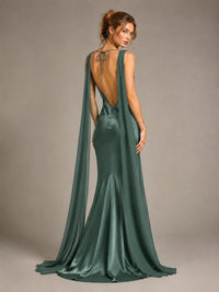 Burgundy Satin Mermaid Cape Maxi Dress