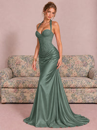 Sparkling Halter Corset Satin Mermaid Prom Dress
