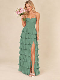 Ruffled Tiered Chiffon Prom Dress Spaghetti Straps Formal Maxi Dress with Slit