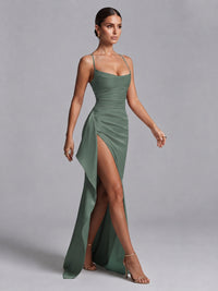 Square Neck Satin Long Prom Dress with Ruffles