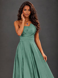 Draped Satin Prom Dress Strapless A-line Formal Dress Floor Length