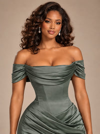 Burgundy Off-the-Shoulder Satin Corset Prom Dress with Slit