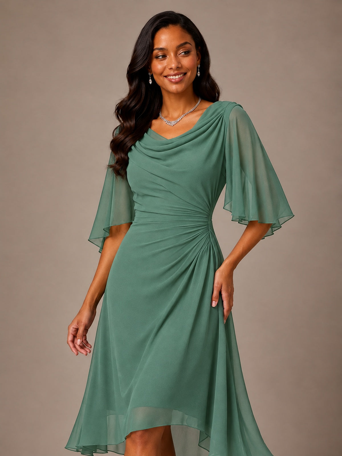 Cowl Neck Ruched Chiffon Mother of the Bride Dresses with Flutter Sleeves
