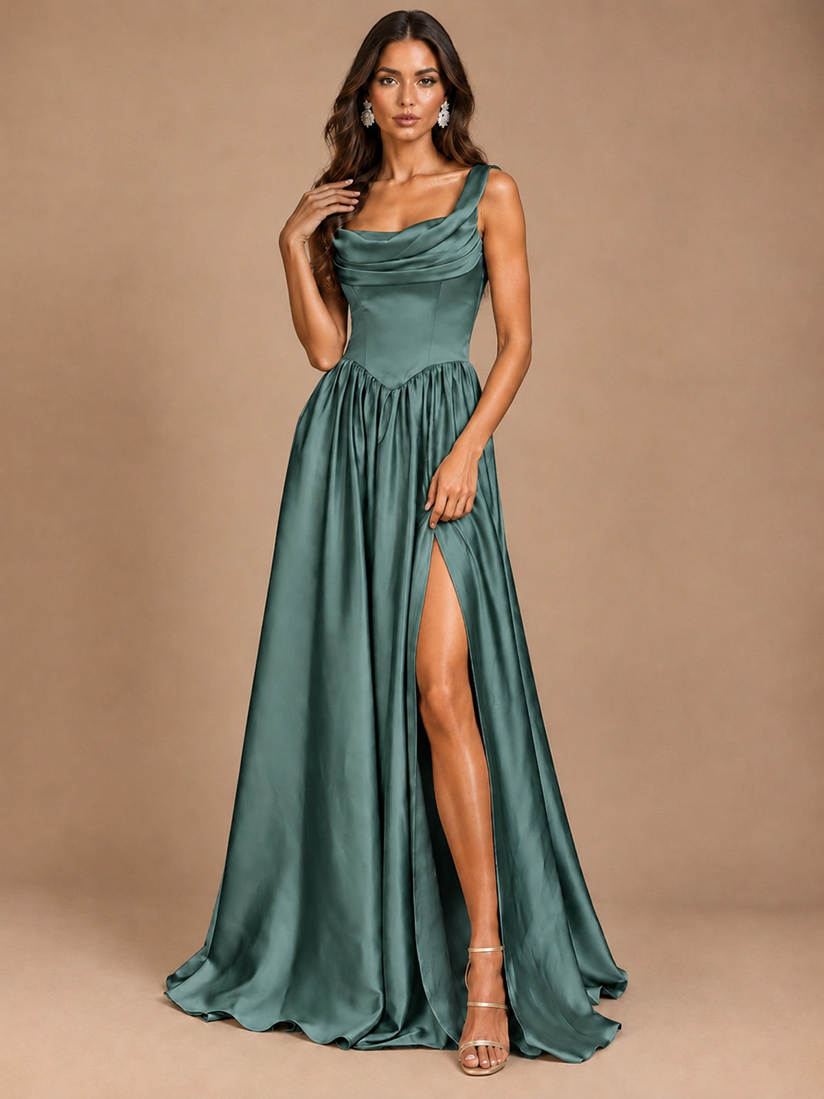 Cowl Neck Pleated Satin Prom Dress with Pockets & Slit Maxi Formal Gowns