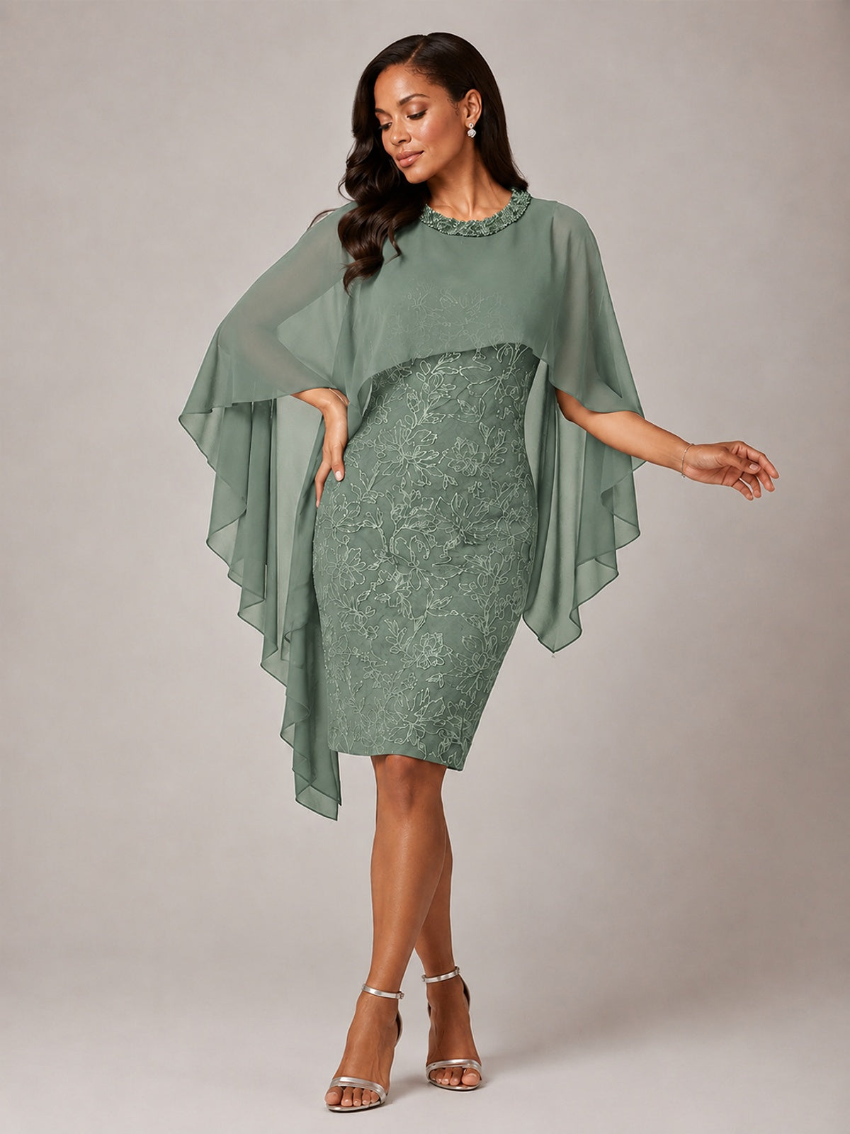 Floral Sheath Mother of the Bride Dress with Cape Overlay