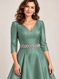V-Neck Tea-Length Mother of the Bride Dress with Embellished Waist