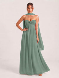 Strapless Ruched Chiffon Long Prom Dress with Scarf