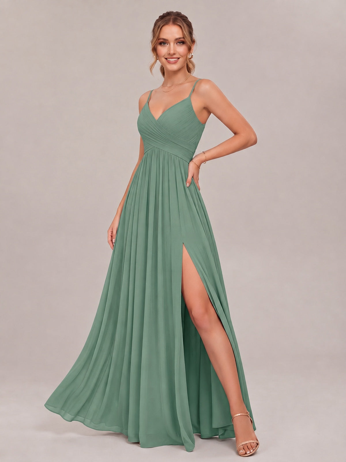 V-Neck Pleated Chiffon Long Bridesmaid Dress with Slit