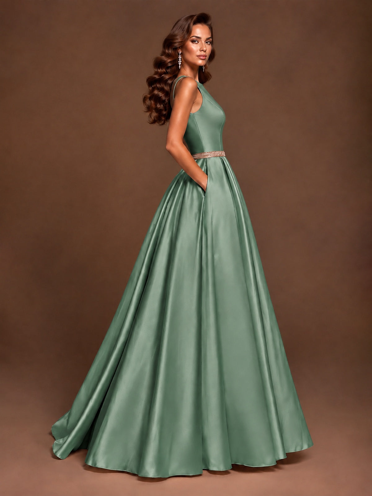 Satin A-Line Prom Dress Sleeveless Beaded Waist Formal Gown with Pockets