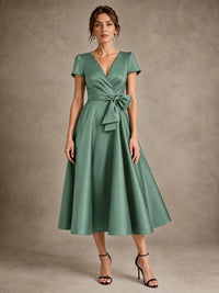 Eucalyptus V-Neck Tea-Length Satin Mother of the Bride Dress with Bow Jovellee