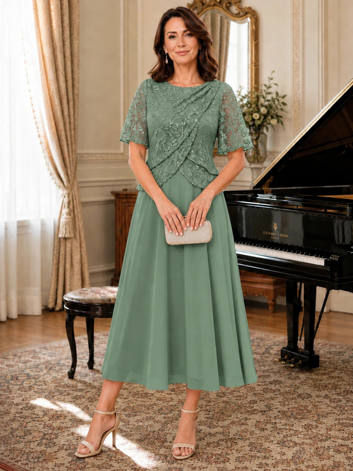 Tea-Length Chiffon Mother of the Bride Dress with Sequin Lace Sleeves