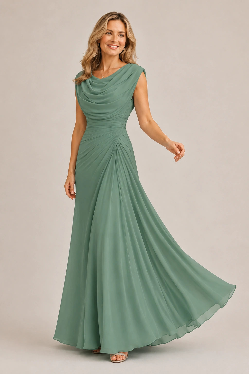 Cowl Neck Ruched Chiffon Mother of the Bride Dress