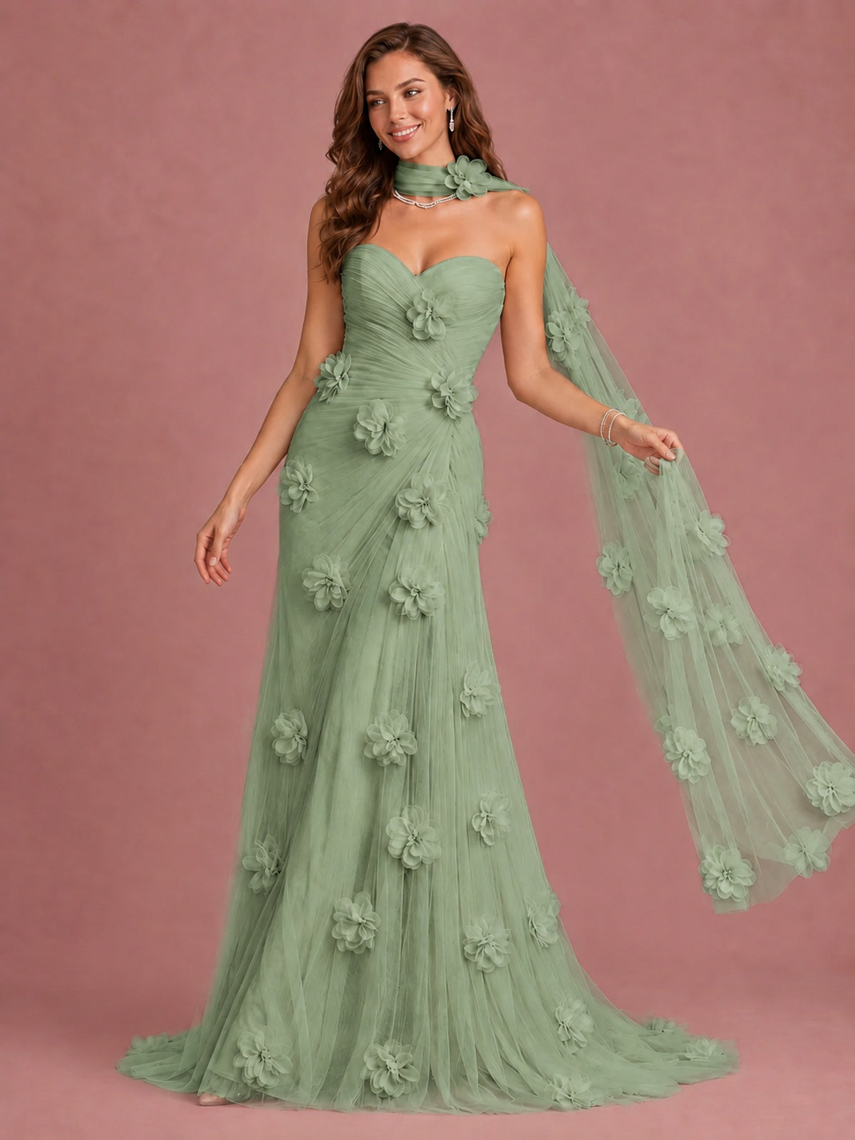 Blush Pink Strapless Sweetheart 3D Floral Tulle Mermaid Prom Dress