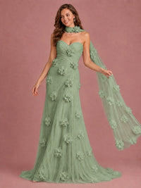 Blush Pink Strapless Sweetheart 3D Floral Tulle Mermaid Prom Dress