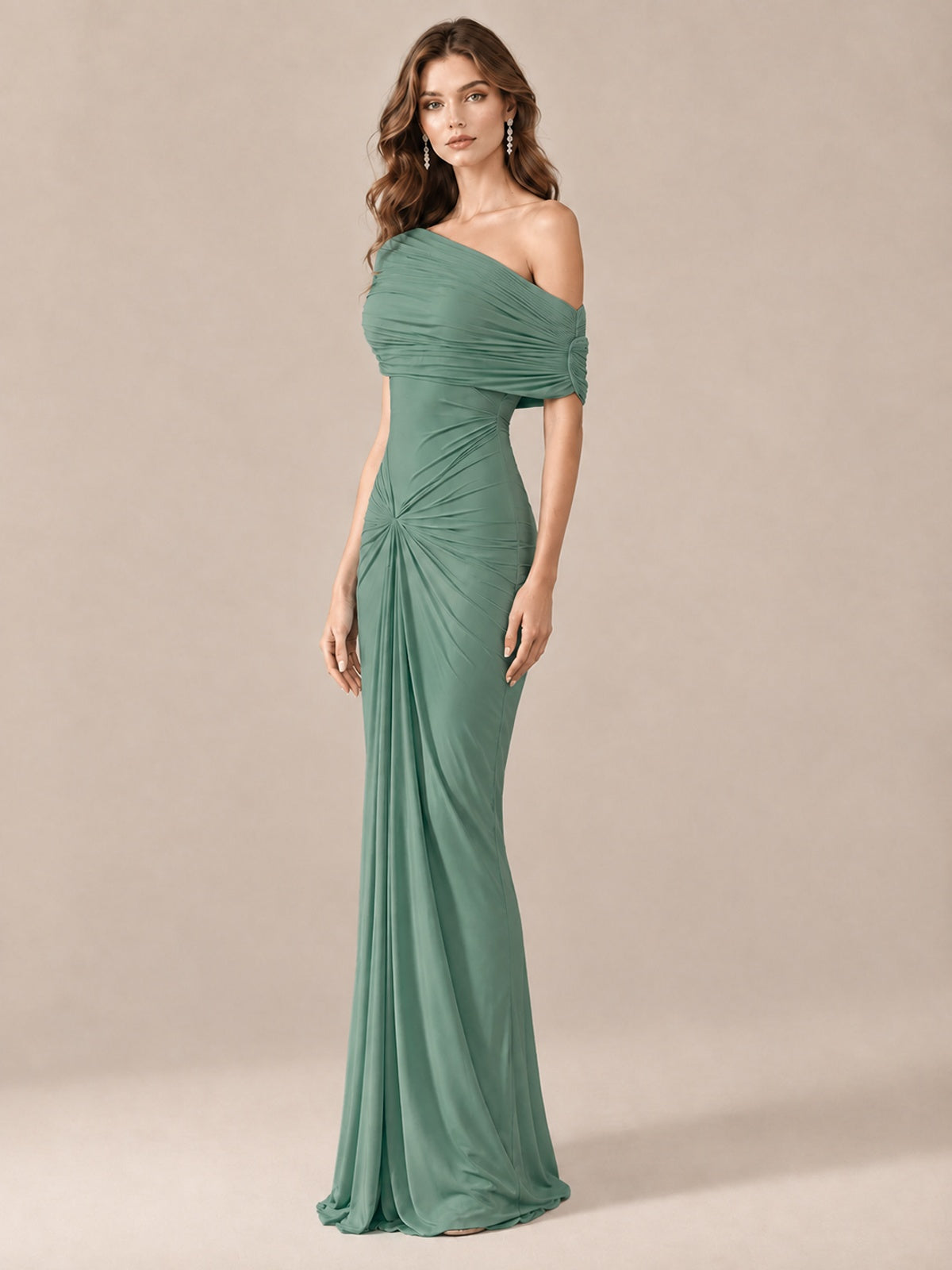 Elegant Draped Off Shoulder Ruched Mermaid Chiffon Formal Evening Gown