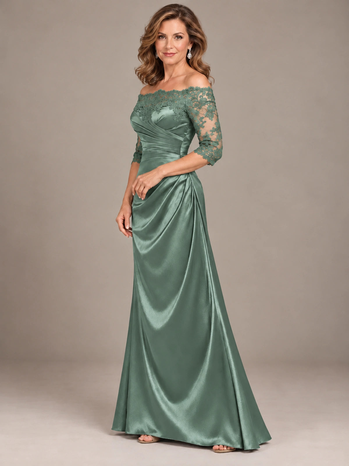 Satin Mother of the Bride Dress with Lace Sleeves Off Shoulder Formal Gown