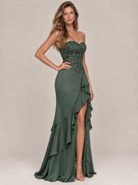 Strapless Lace Appliques Corset Satin Prom Dress Ruffle Slit Evening Gown
